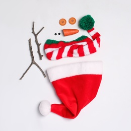 Photo of Set of materials for snowman on white background, flat lay