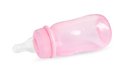 Photo of Empty pink feeding bottle for infant formula isolated on white