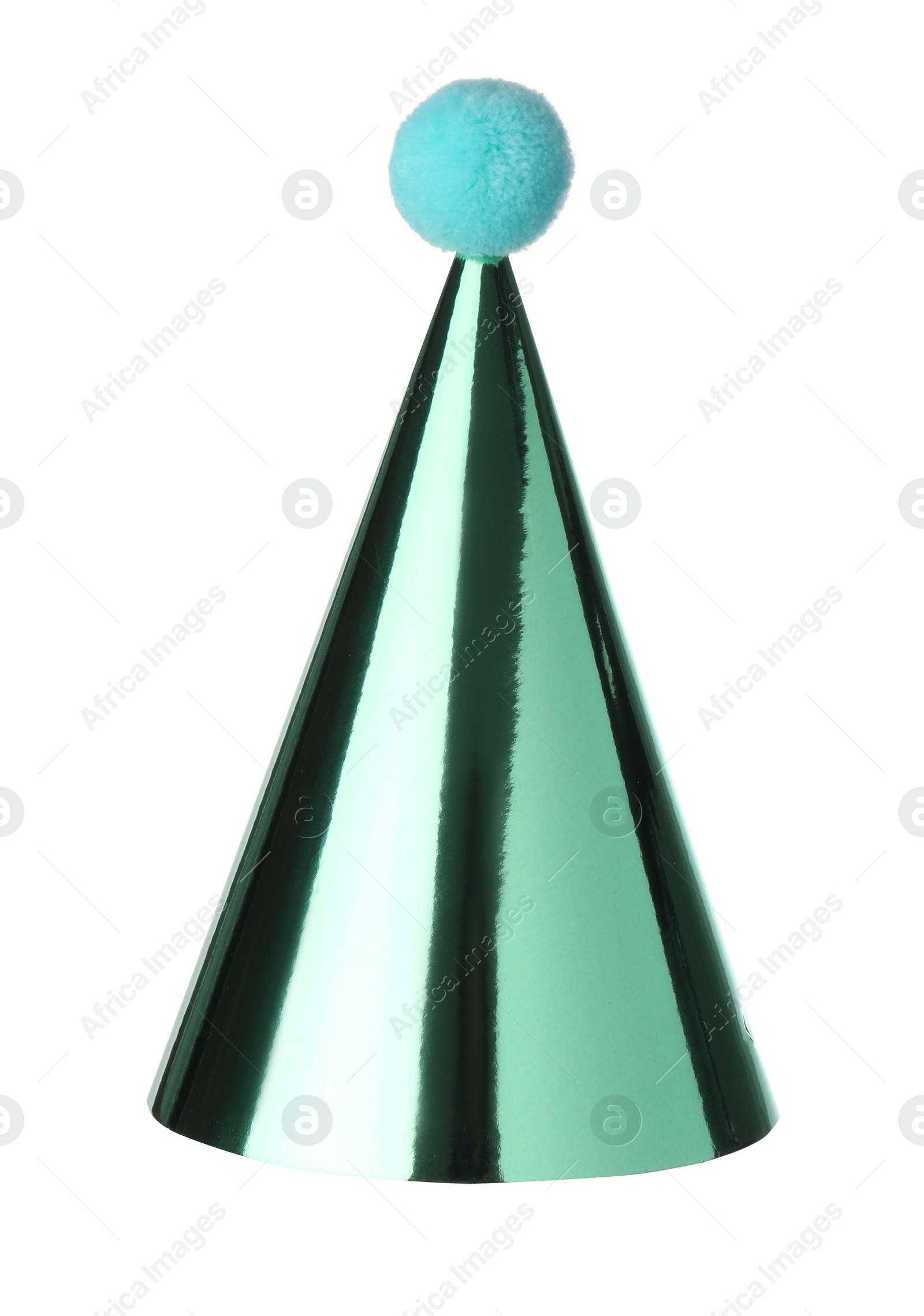 Photo of One shiny green party hat isolated on white