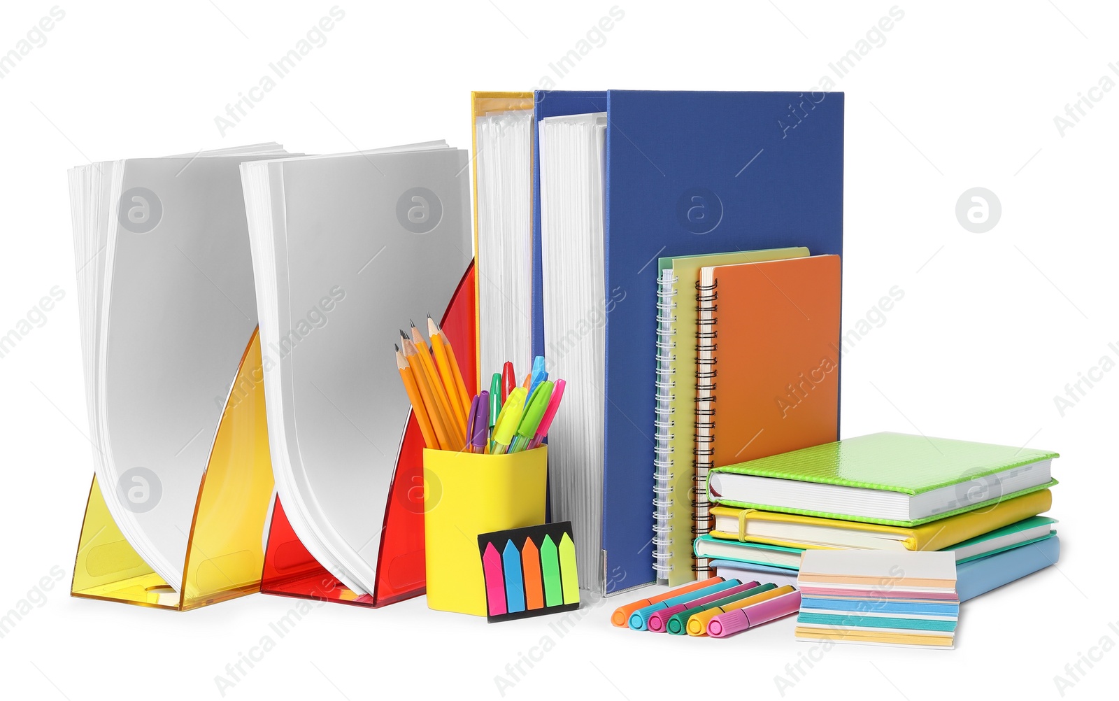 Photo of Bright office folders and different stationery isolated on white