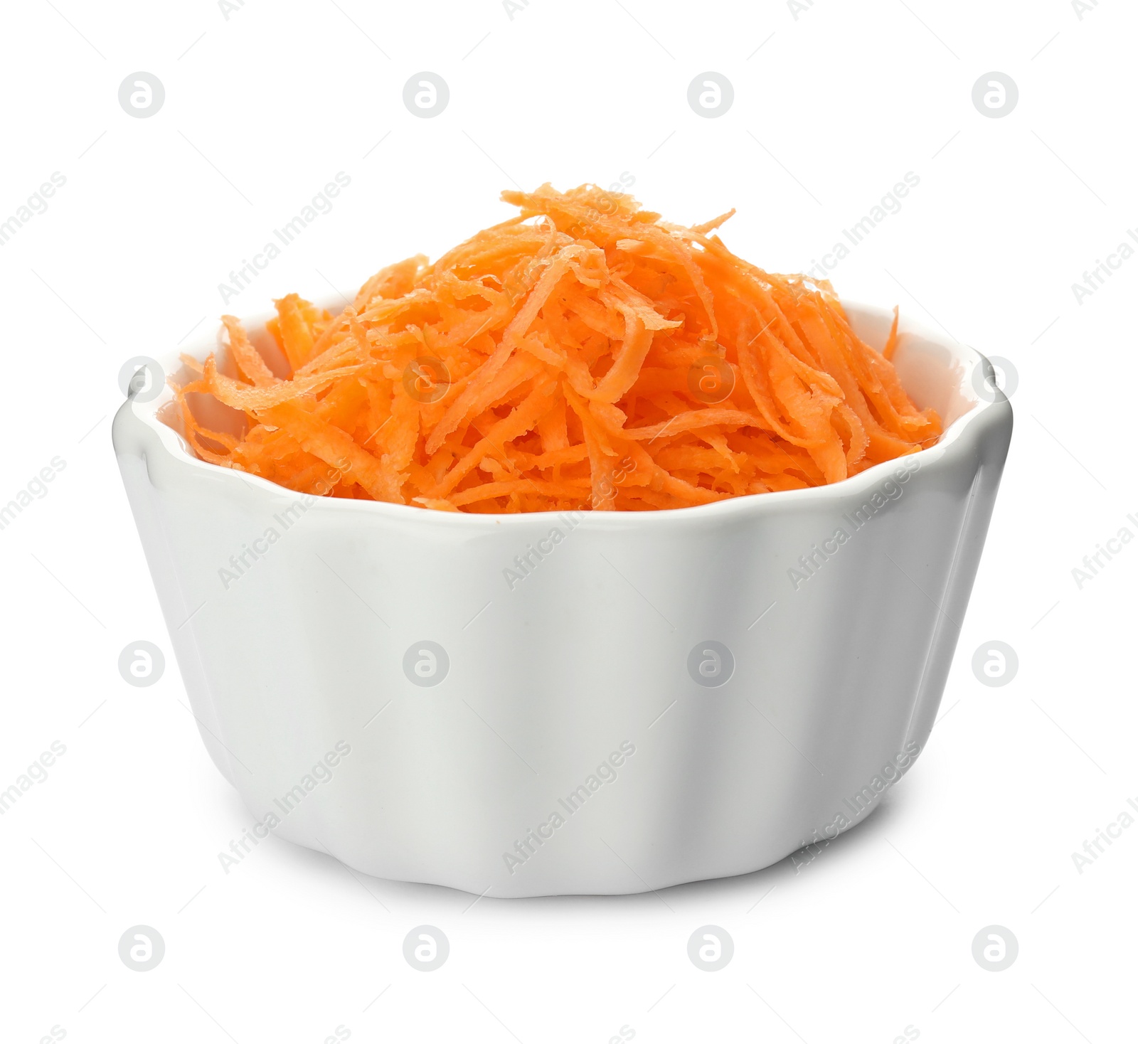 Photo of Bowl with grated ripe carrot on white background