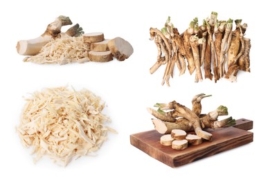 Image of Roots, grated and cut horseradish isolated on white, collage design