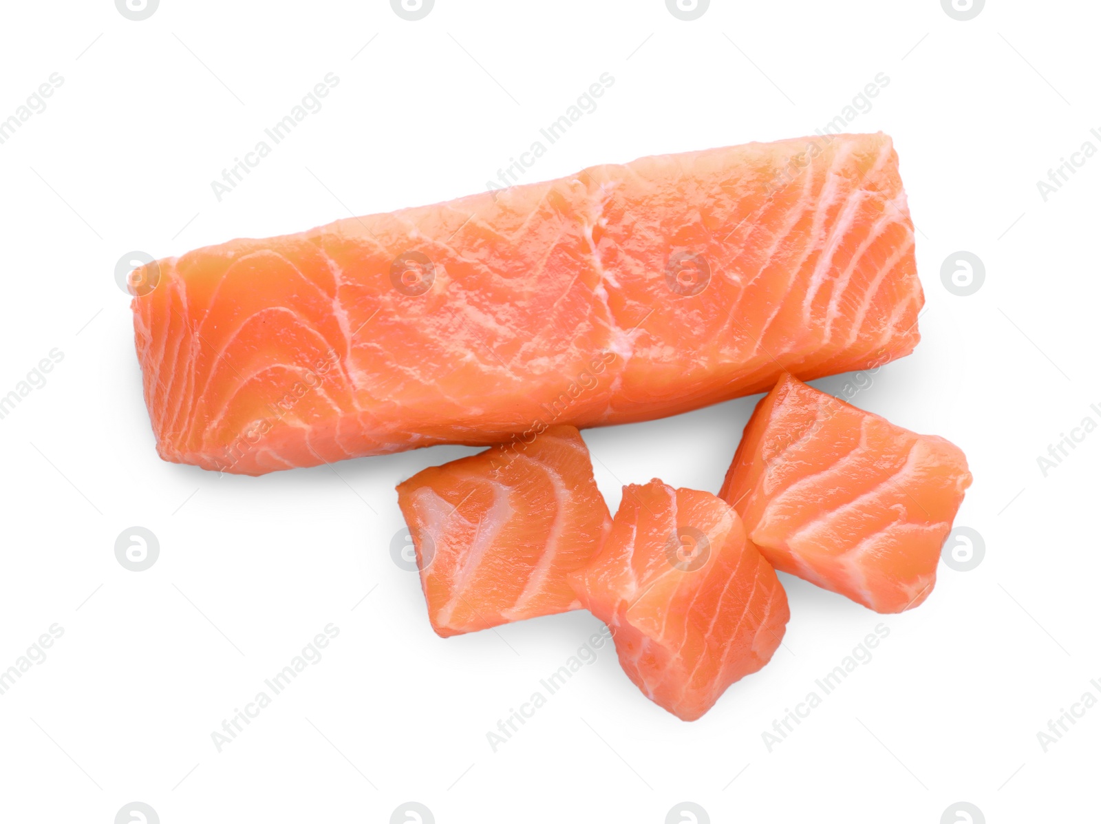 Photo of Pieces of fresh raw salmon on white background, top view