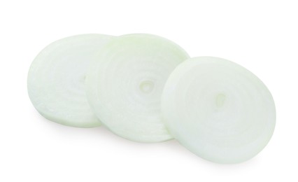 Photo of Slices of raw onion on white background