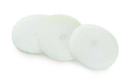 Slices of raw onion on white background