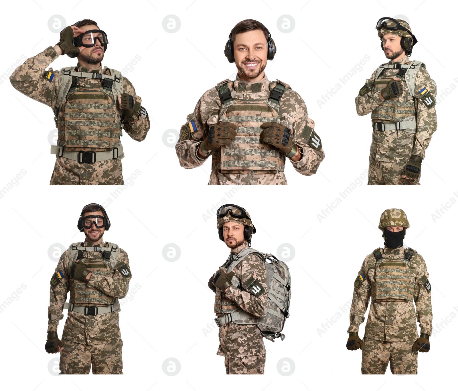 Image of Collage with photos of Ukrainian soldier wearing military uniform on white background