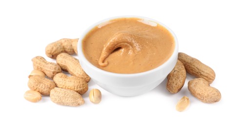 Photo of Delicious nut butter and peanuts isolated on white