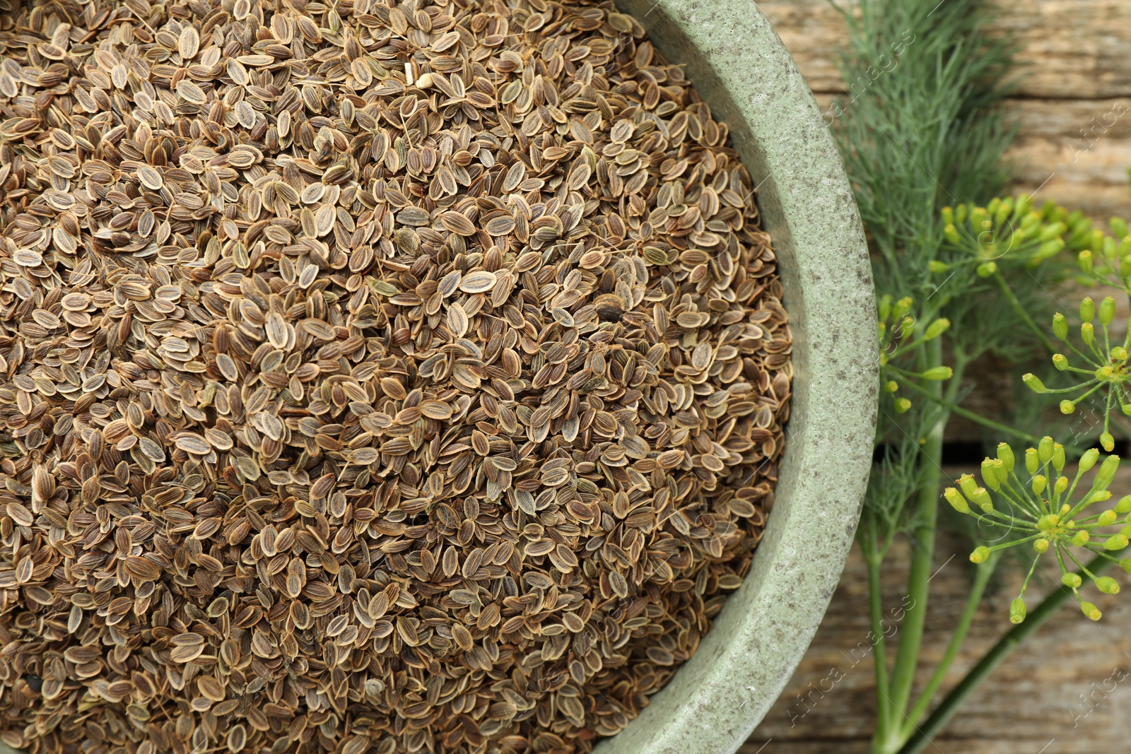 Photo of Dry seeds and fresh dill on wooden table, flat lay