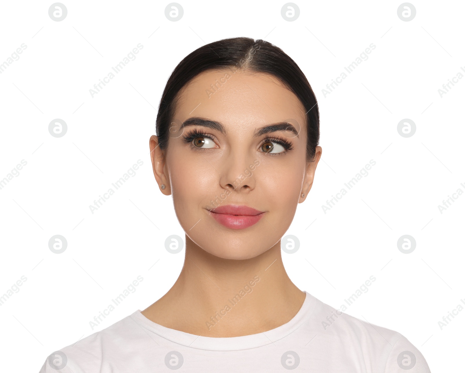 Photo of Beautiful young woman with long eyelashes on white background