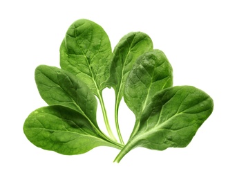 Photo of Fresh green healthy spinach leaves isolated on white, top view