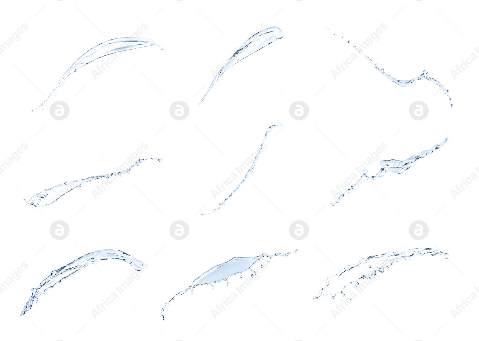 Image of Set with splashes of pure water on white background