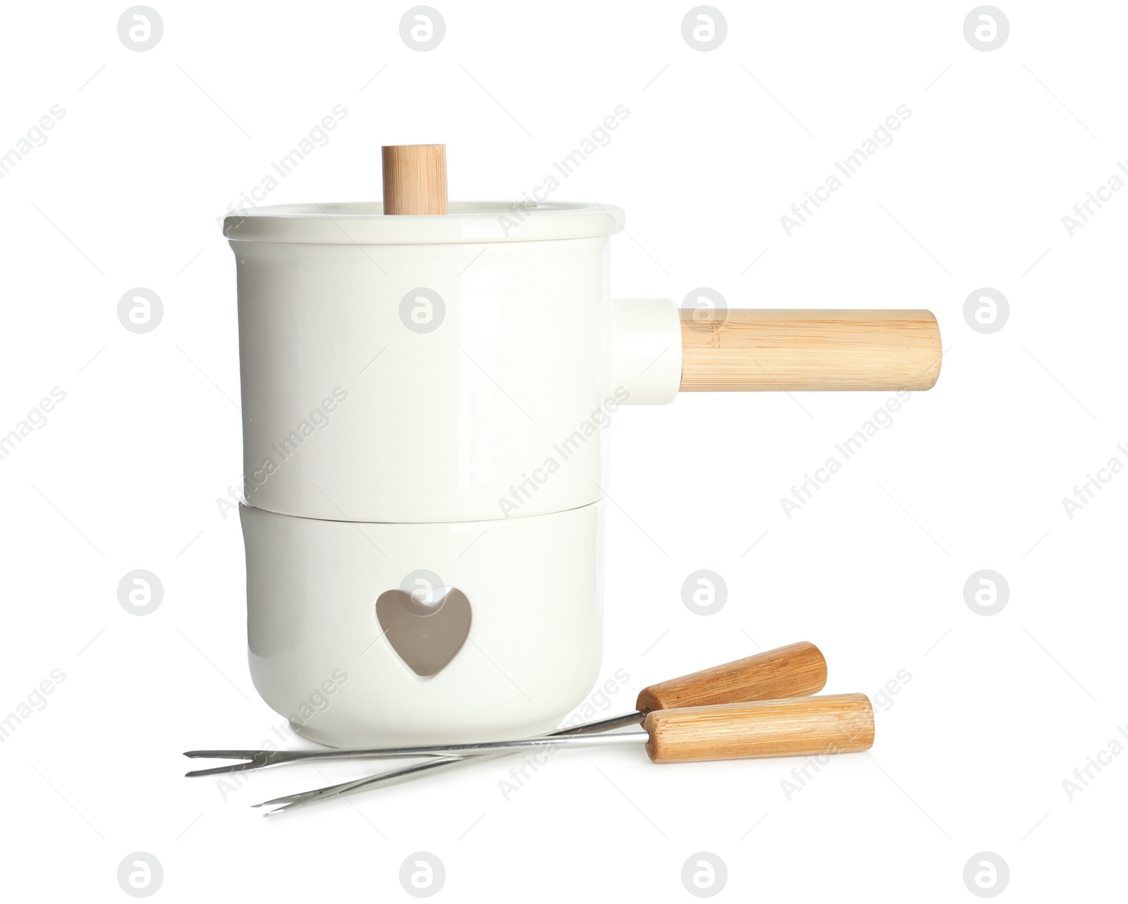 Photo of Fondue set isolated on white. Cooking utensils