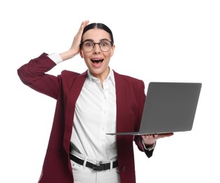 Photo of Shocked woman with laptop on white background