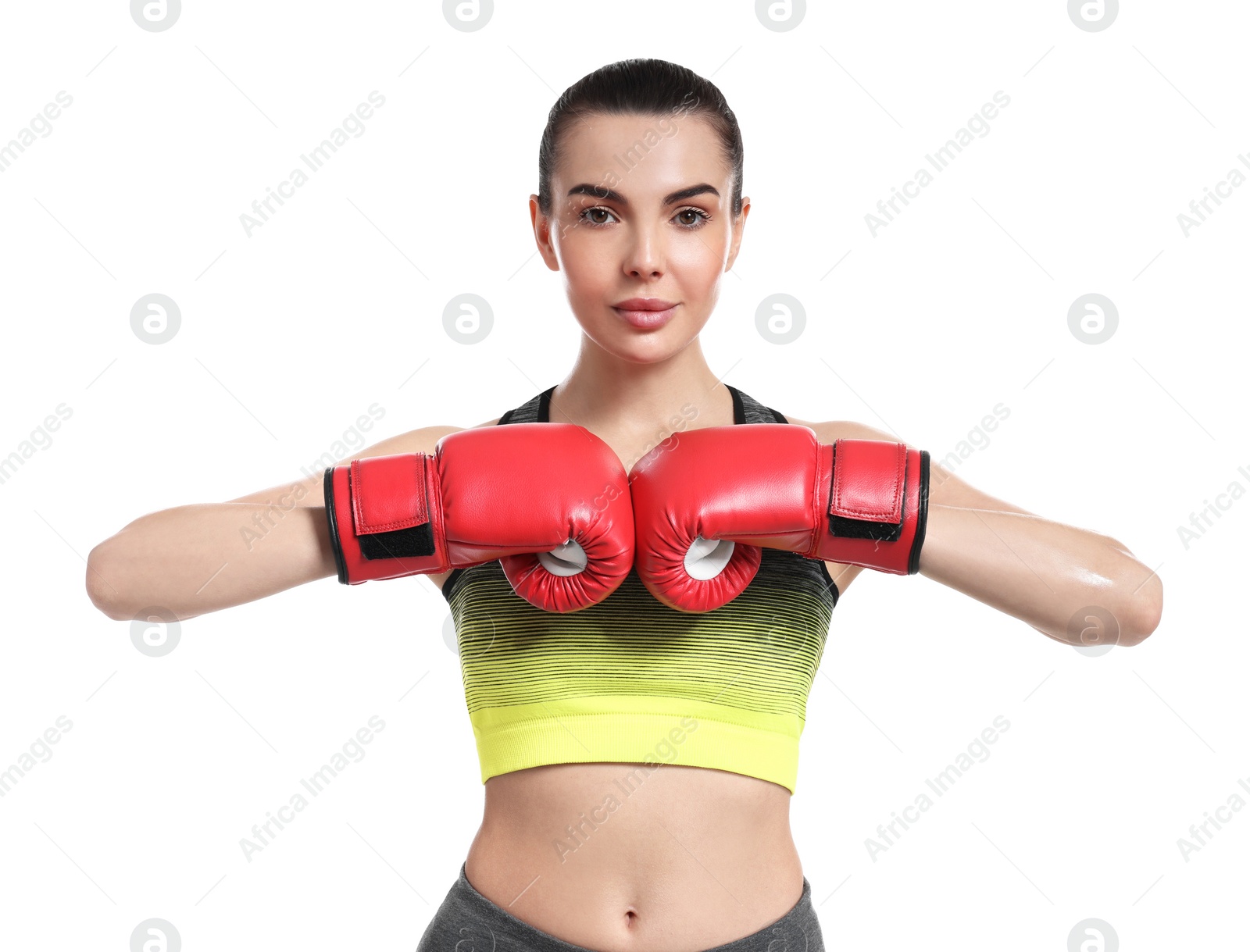 Photo of Beautiful woman in boxing gloves on white background