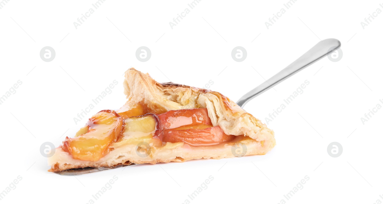 Photo of Slice of delicious fresh peach pie isolated on white