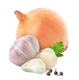 Mix of fresh garlic and onion on white background