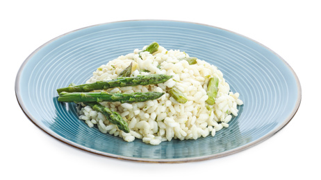 Photo of Delicious risotto with asparagus isolated on white