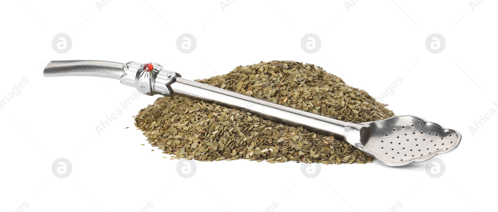 Photo of Pile of aromatic mate tea and bombilla on white background