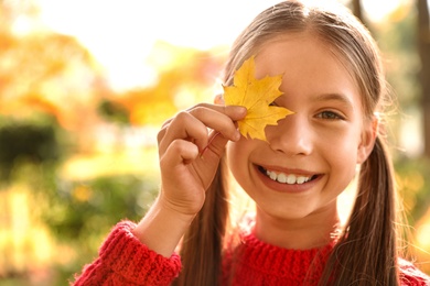Photo of Happy girl with yellow leaf in sunny park. Autumn walk