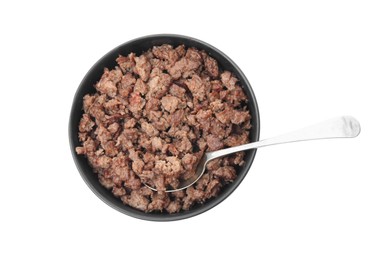 Photo of Bowl with fried minced meat isolated on white, top view