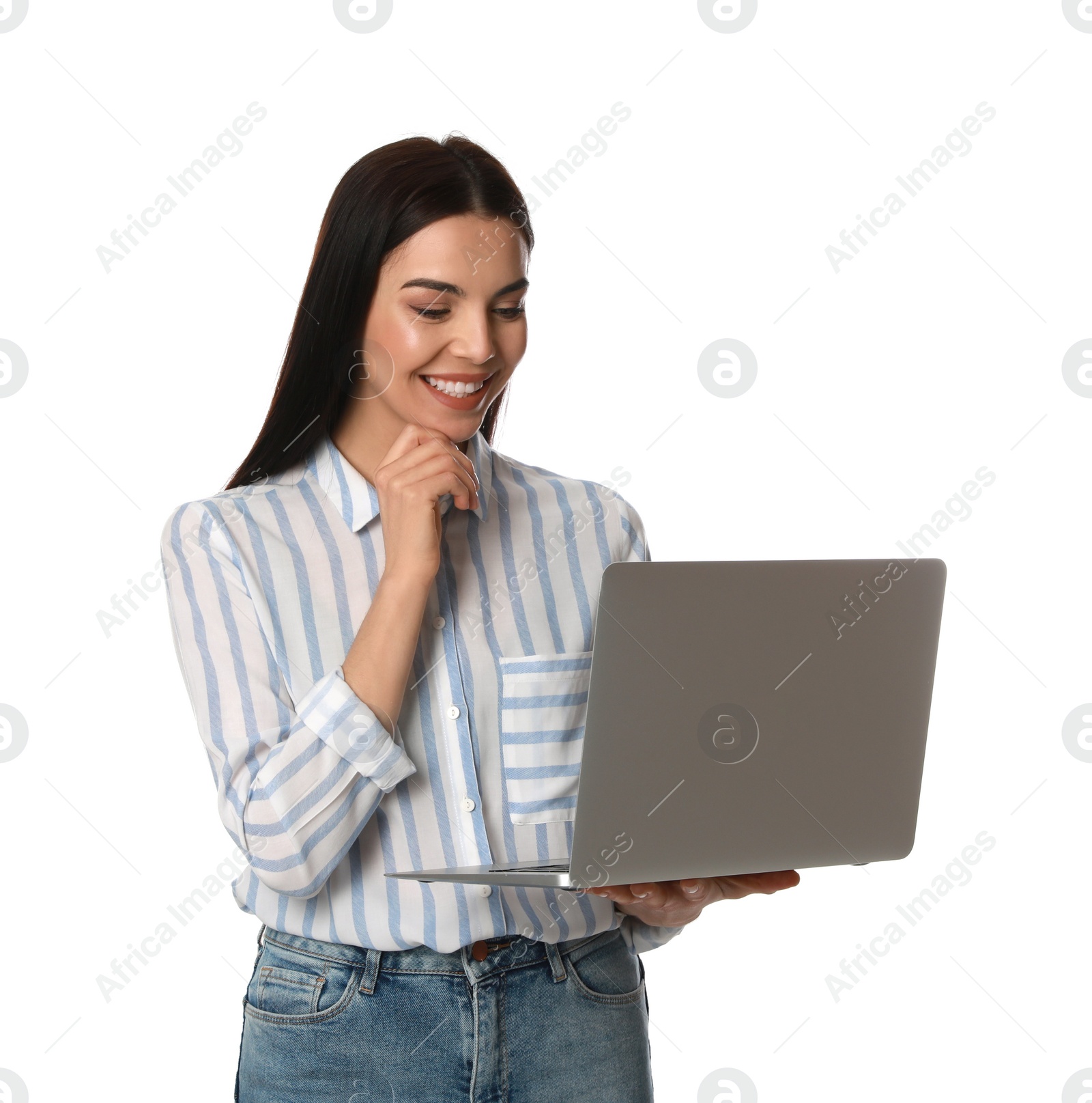 Photo of Young woman with modern laptop on white background