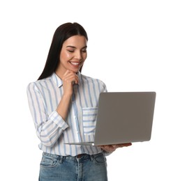 Young woman with modern laptop on white background