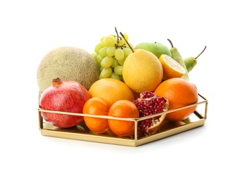 Photo of Metal tray with fresh tropical fruits on white background