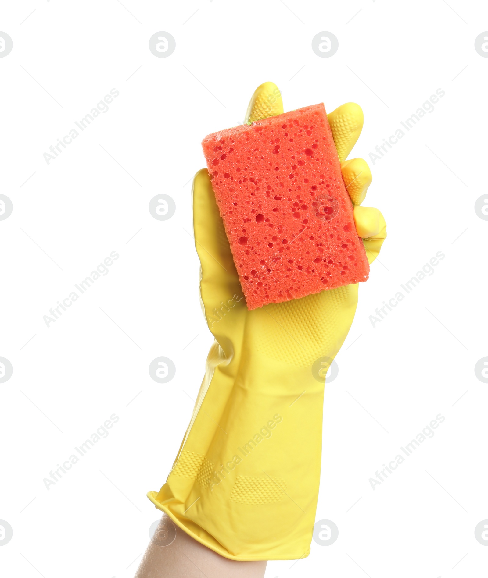 Photo of Person in rubber glove with sponge on white background, closeup of hand