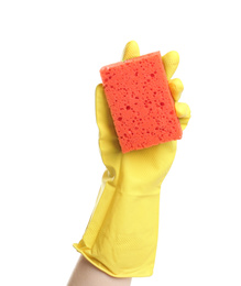 Photo of Person in rubber glove with sponge on white background, closeup of hand