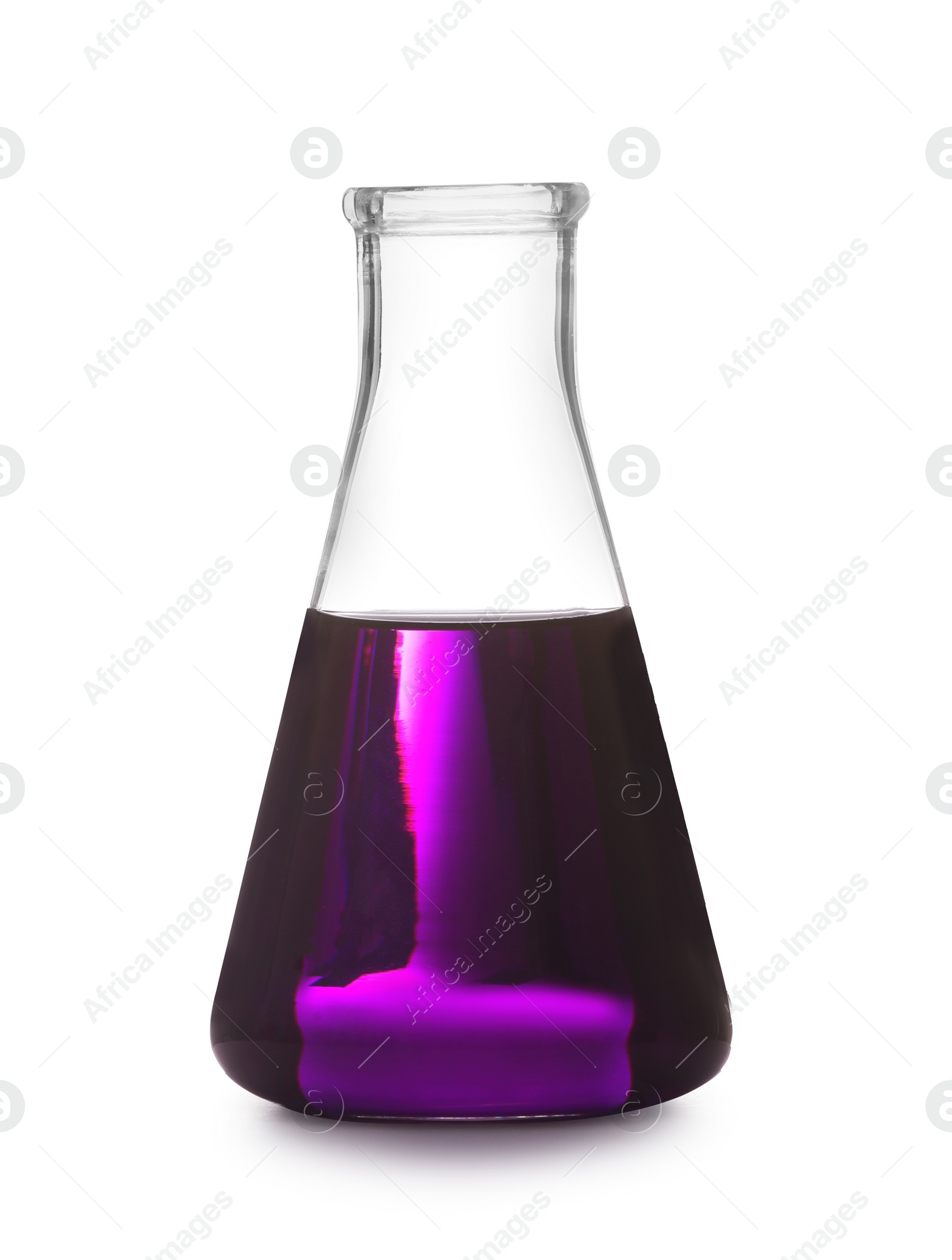 Photo of Glass flask with liquid on white background. Solution chemistry