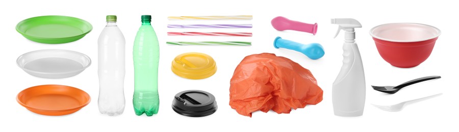 Image of Set with different plastic items on white background. Banner design