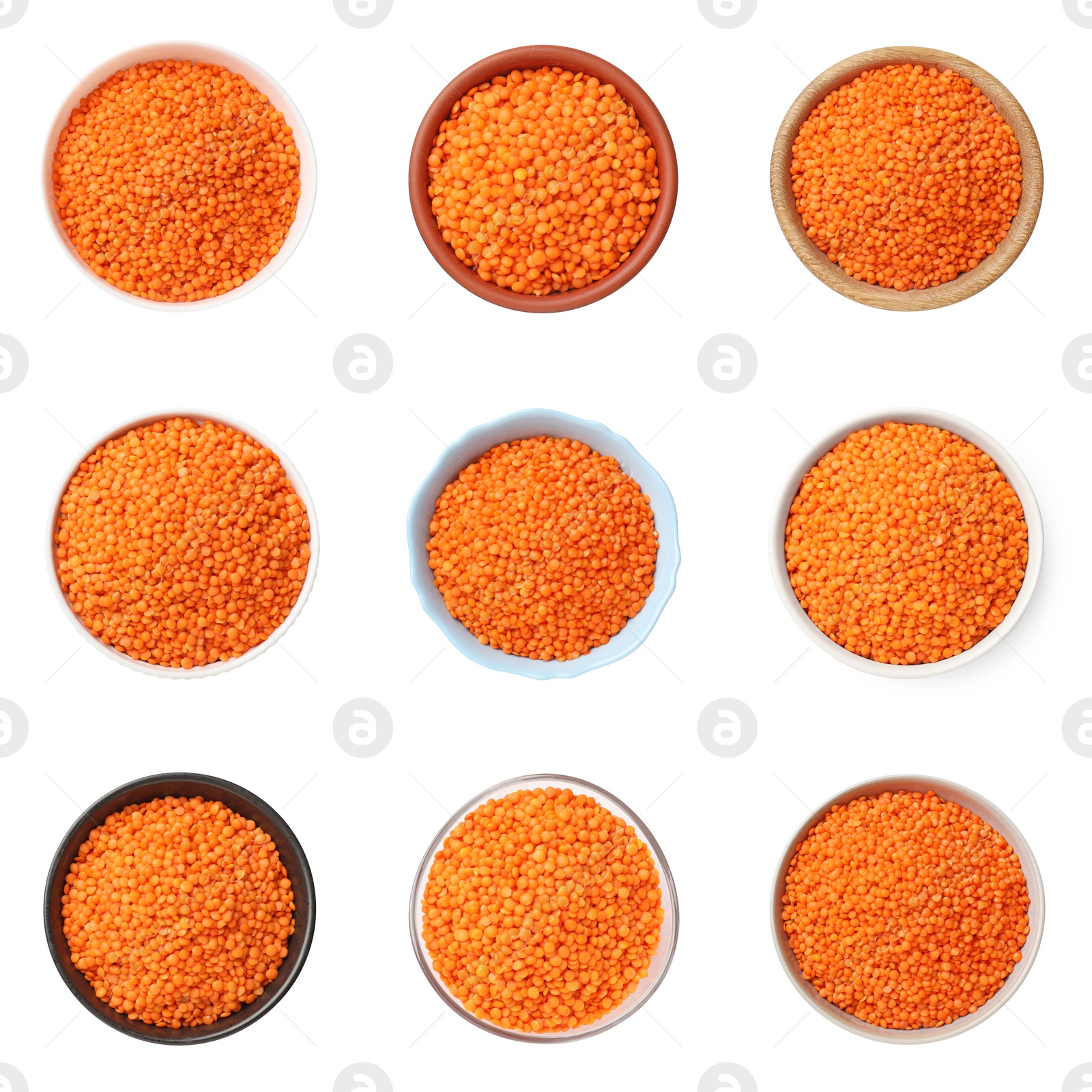 Image of Raw lentils in bowls on white background, top view