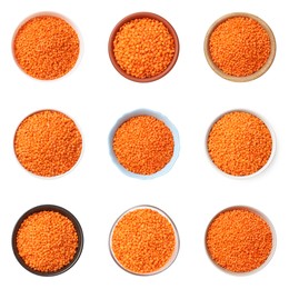 Image of Raw lentils in bowls on white background, top view