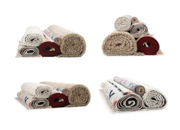 Many different rolled carpets isolated on white, set