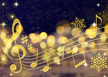 Image of Treble clef, music notes and snowflakes against dark blue background. Bokeh effect