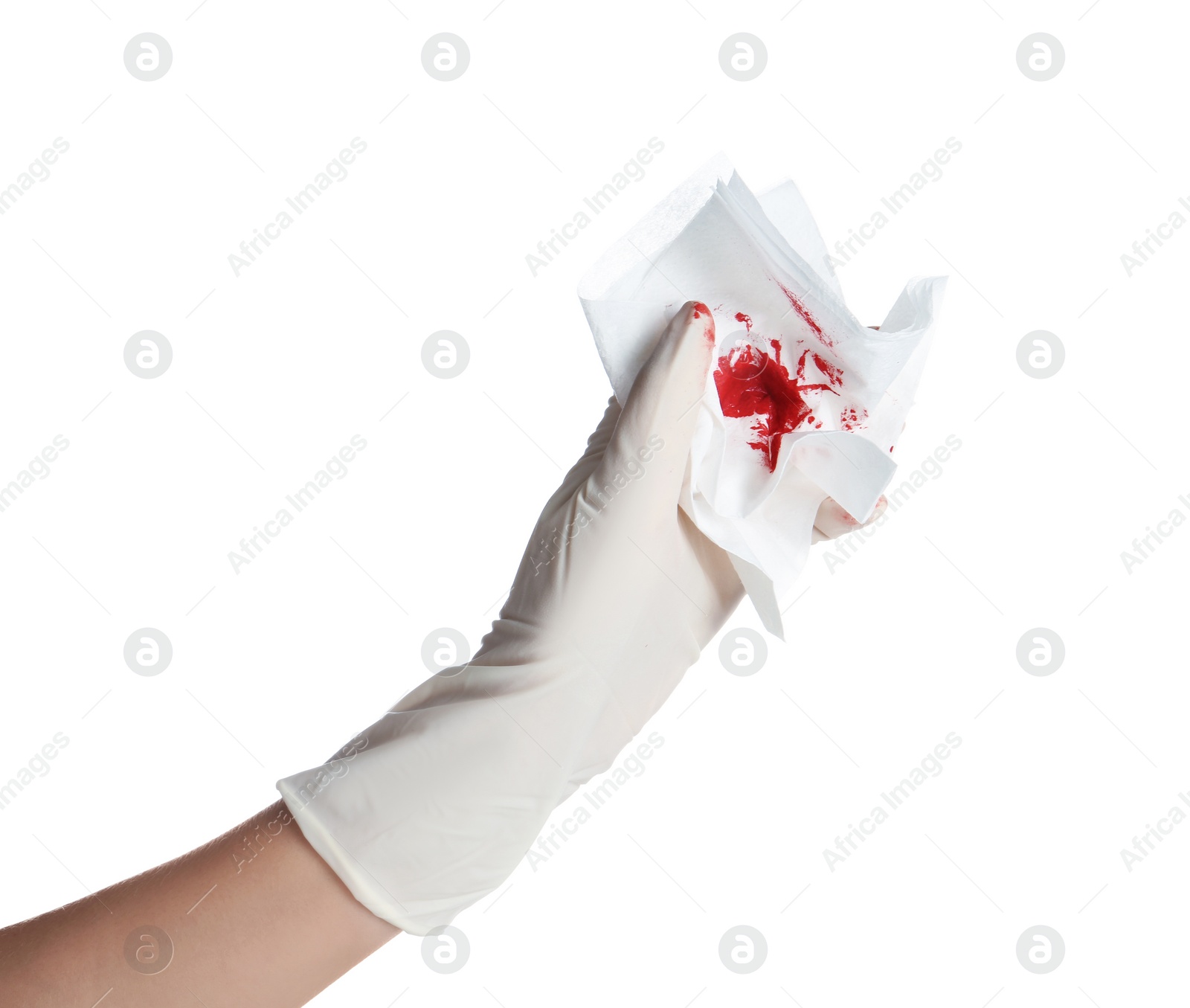 Photo of Doctor in medical glove holding tissue with blood on white background