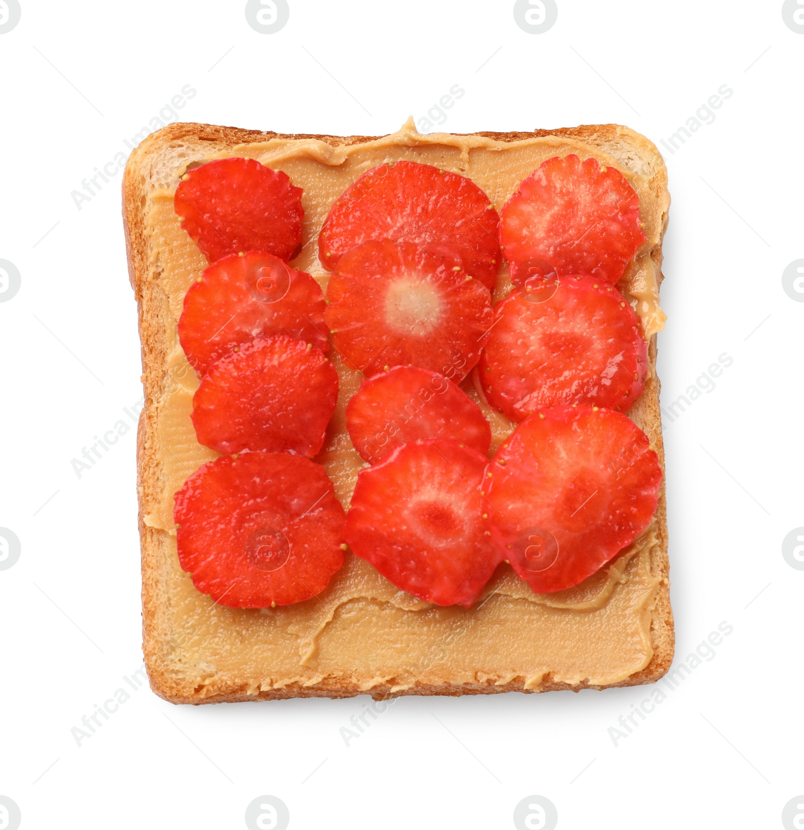 Photo of Tasty peanut butter sandwich with sliced strawberries isolated on white, top view