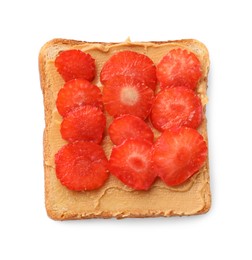 Tasty peanut butter sandwich with sliced strawberries isolated on white, top view