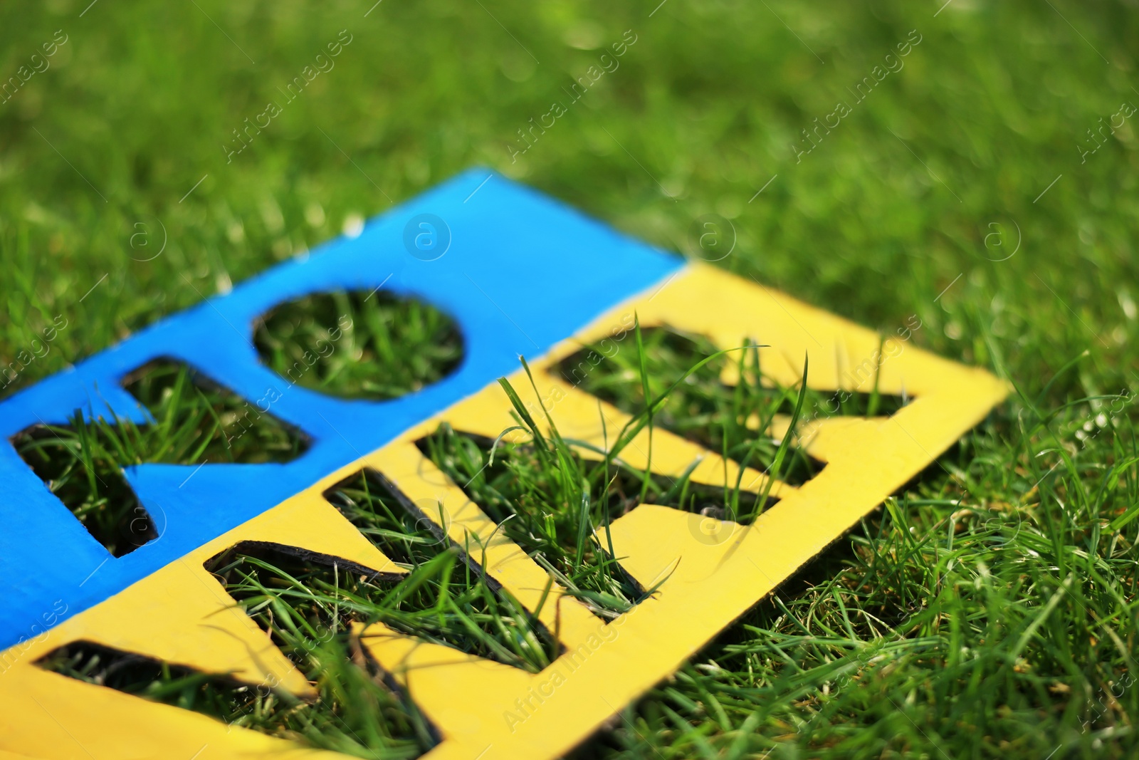 Photo of Poster in colors of Ukrainian flag with words No War on green grass, closeup