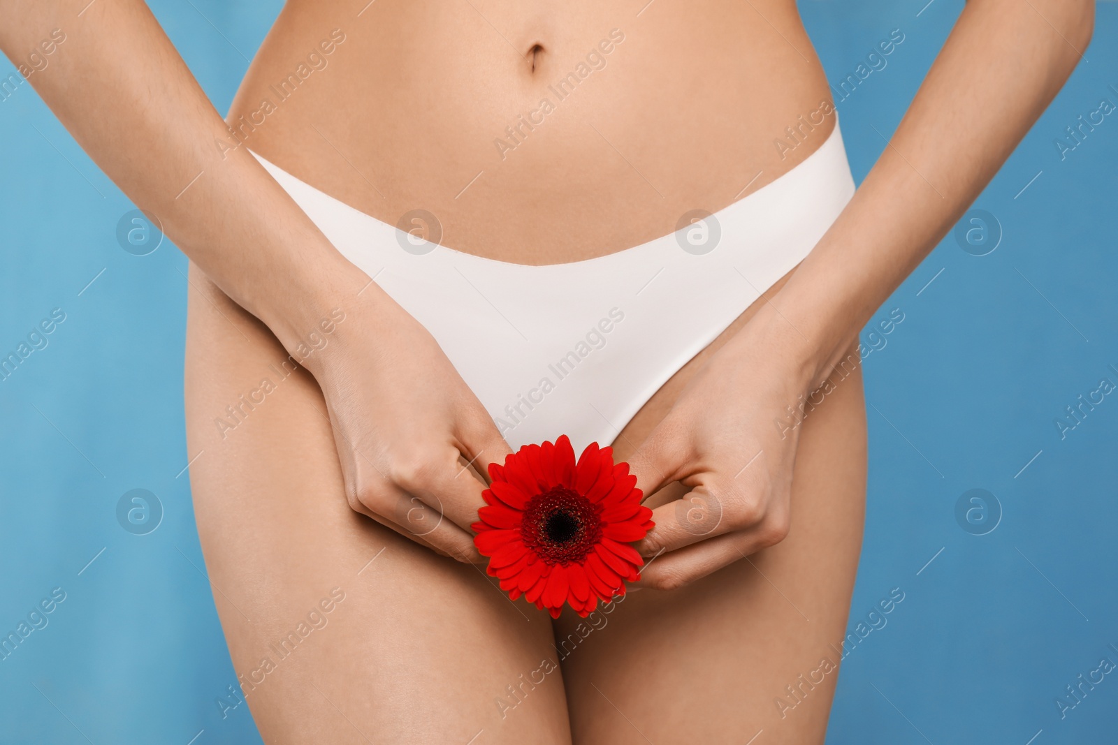 Photo of Woman in white panties with gerbera flower on light blue background, closeup