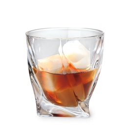 Photo of Glass of scotch whiskey on white background