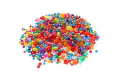 Photo of Pile of bright colorful beads on white background