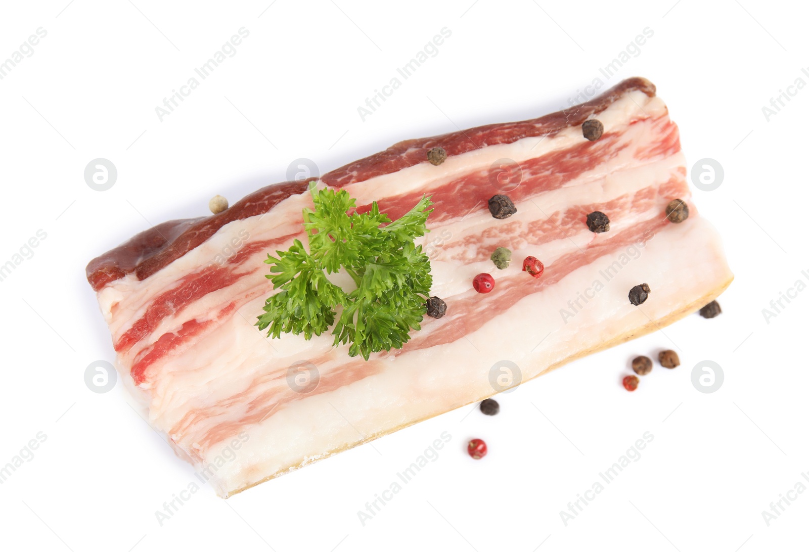 Photo of Piece of bacon with peppercorn and parsley isolated on white, top view