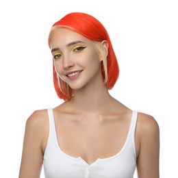 Beautiful young woman with bright dyed hair on white background