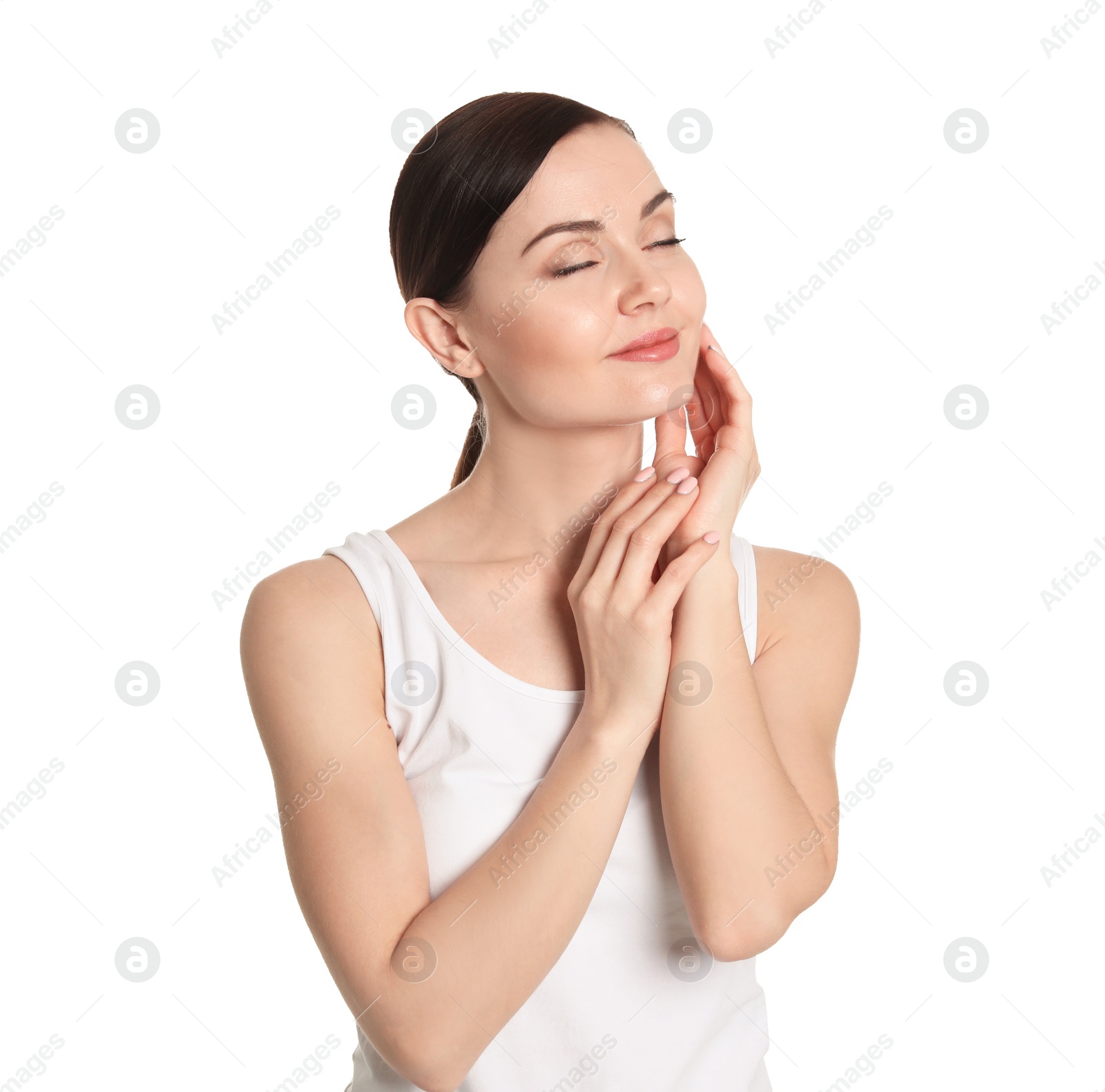 Photo of Young woman showing smooth silky skin after epilation on white background