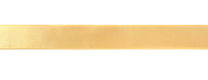 Photo of Golden satin ribbon on white background, top view
