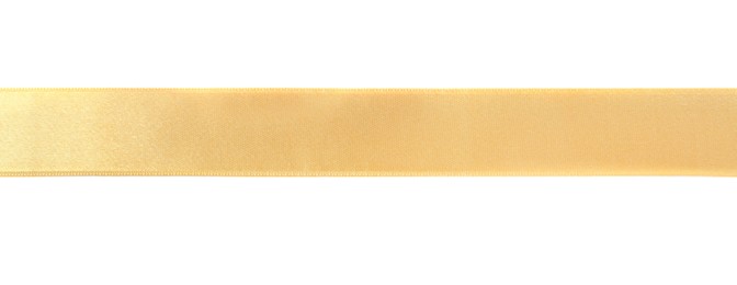 Golden satin ribbon on white background, top view