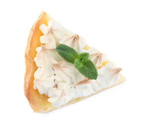 Photo of Piece of delicious lemon meringue pie with mint isolated on white, top view