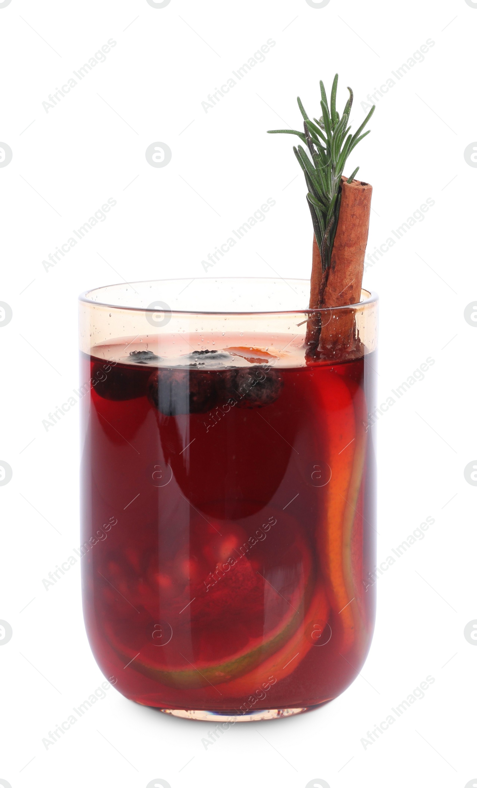 Photo of Aromatic Sangria drink in glass on white background