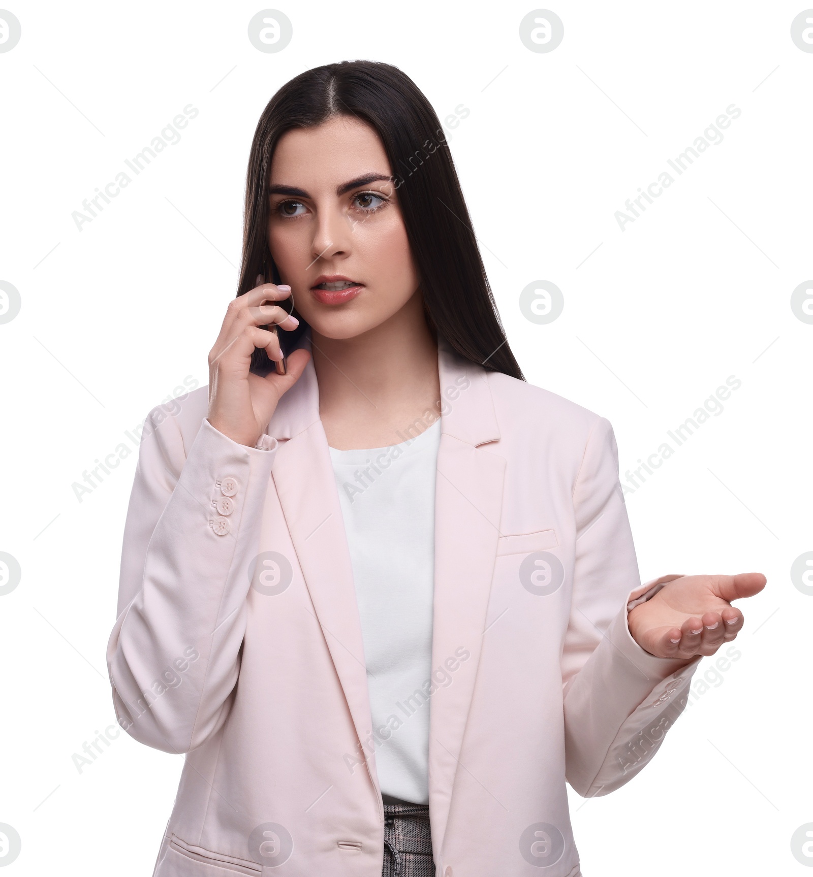 Photo of Beautiful young businesswoman talking on smartphone against white background